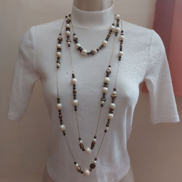 Vintage Jewelry - Vintage Extra Long Mixed Media Faux Pearls Metal Beads on Gold Tone Necklace